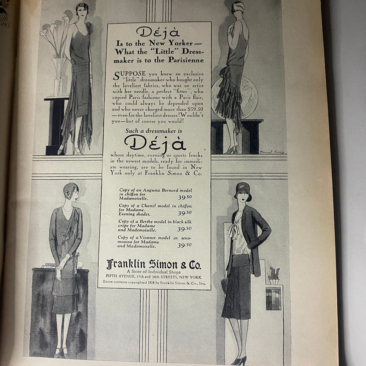 Vintage advertisement illustration from The New Yorker November 10, 1928 featuring elegant ladies in fashionable dresses, showcasing the style of the 1920s and the work of dressmaker Deja.