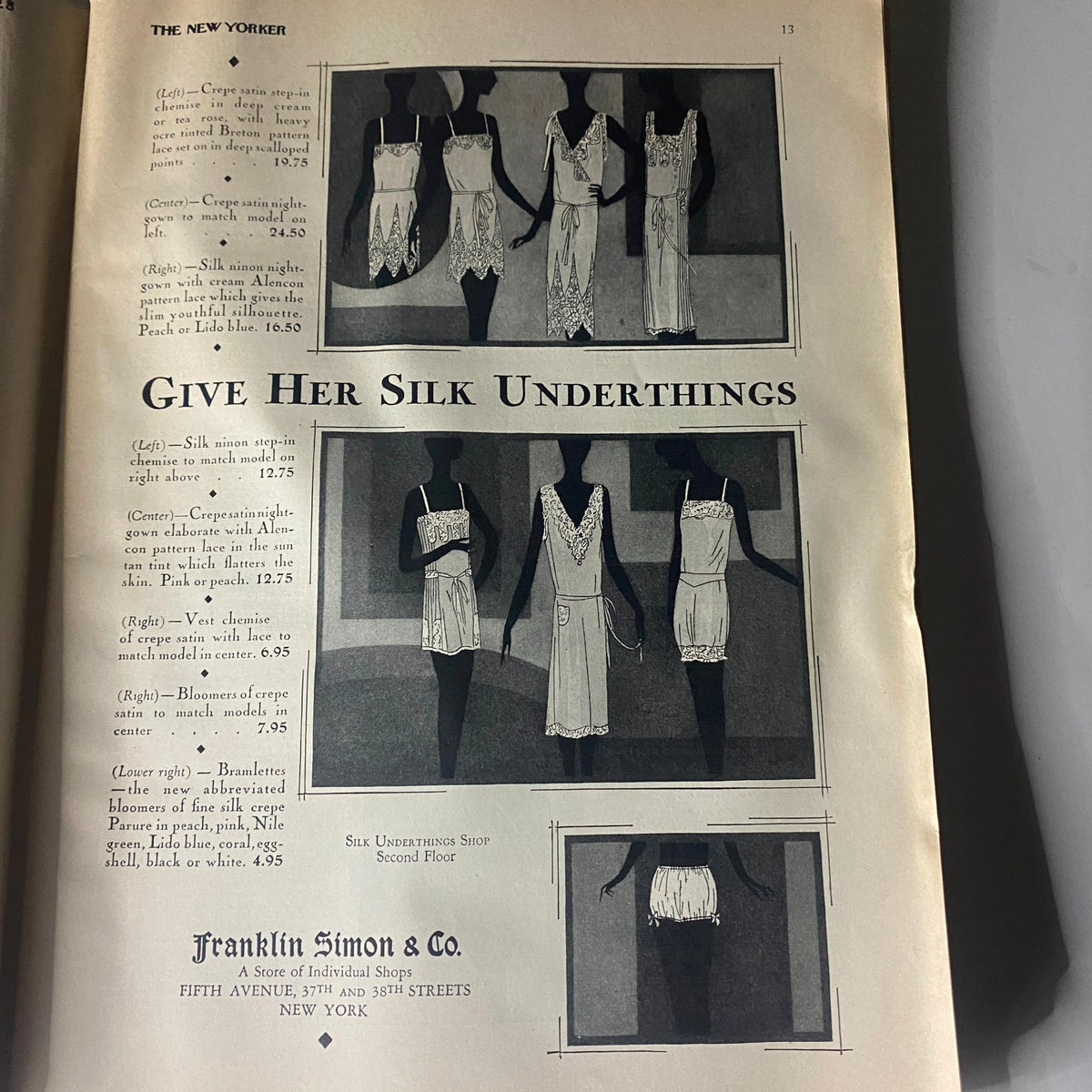 The New Yorker Complete Magazine December 8, 1928 Peter Arno Cover - Advertisement promoting silk undergarments with elegant designs, demonstrating early 20th-century fashion trends.