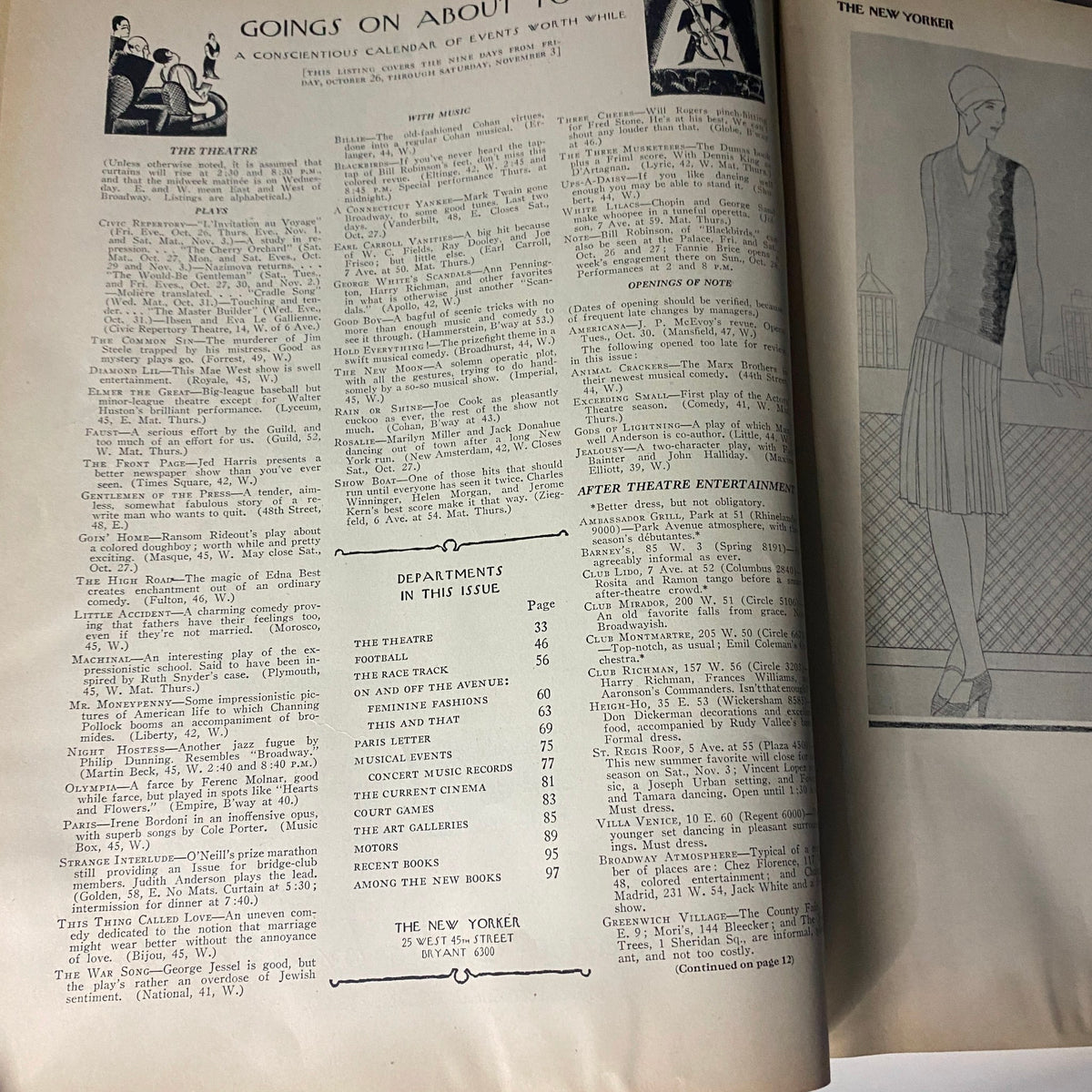 Table of contents and features page of The New Yorker magazine from October 27, 1928, highlighting theatrical events.