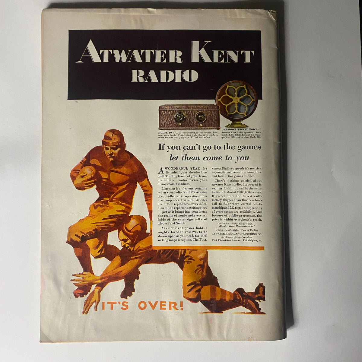 Atwater Kent Radio advertisement from The New Yorker magazine, promoting radio entertainment in the context of sports, October 27, 1928.