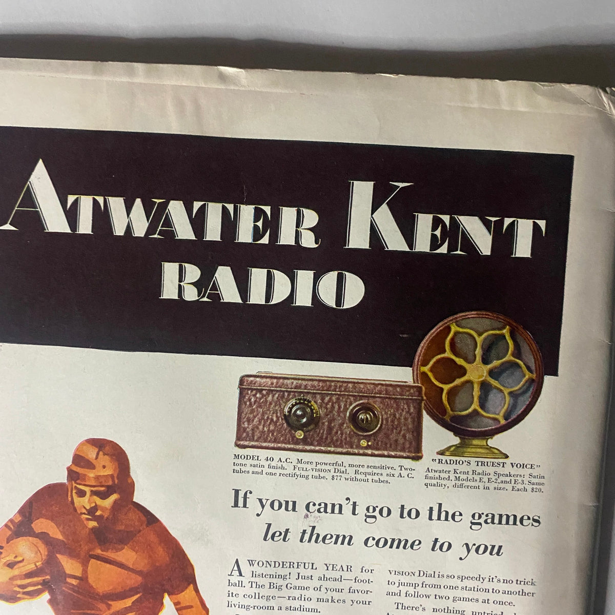 Close-up of Atwater Kent Radio advertisement in The New Yorker magazine, emphasizing the tagline about enjoying sports at home, October 27, 1928.