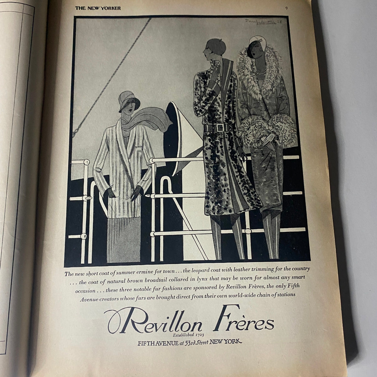 Vintage advertisement illustration featuring fashionable women in summer attire from The New Yorker Complete Magazine October 13, 1928, showcasing luxurious clothing options available from Revillon Frères.