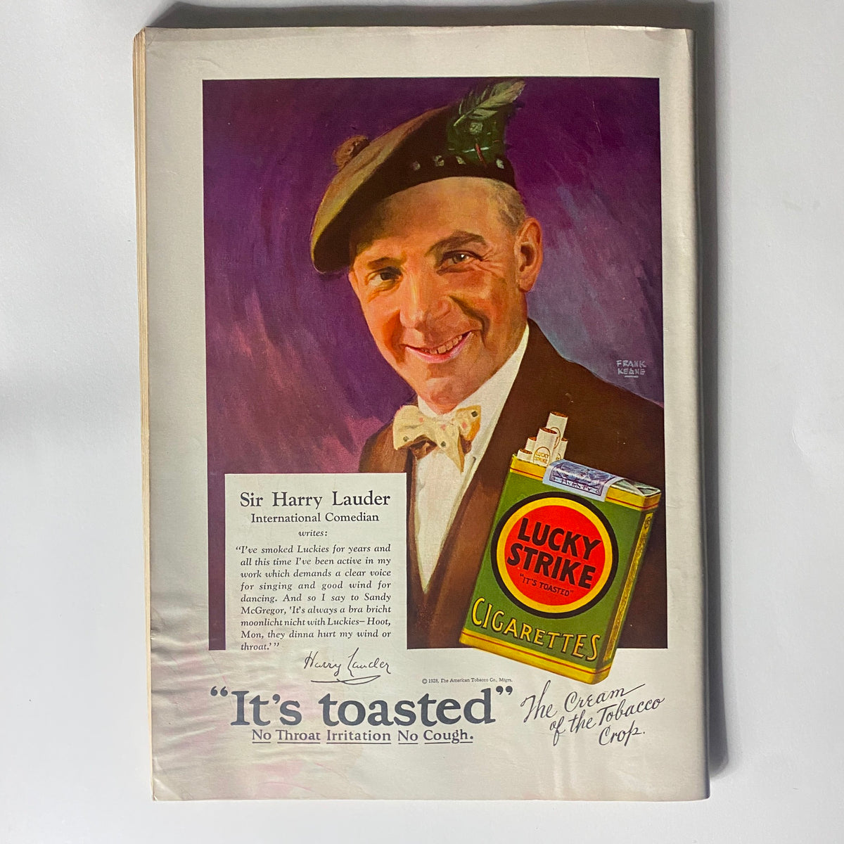 Colorful vintage ad featuring Sir Harry Lauder, an international comedian, promoting Lucky Strike cigarettes in The New Yorker Complete Magazine October 13, 1928.