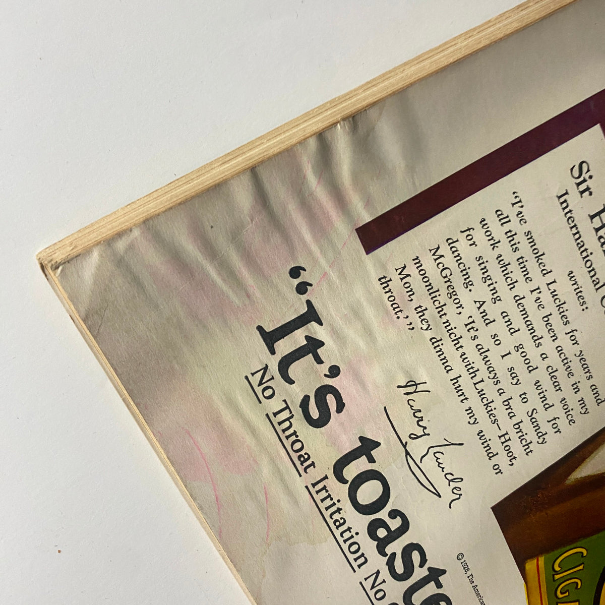 Close-up of Sir Harry Lauder's advertisement for Lucky Strike cigarettes, highlighting the slogan 'It's toasted' in The New Yorker Complete Magazine October 13, 1928.