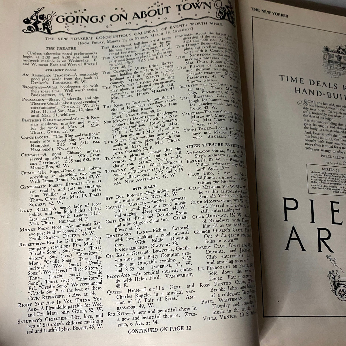 Inside pages of The New Yorker Complete Magazine March 12, 1927 showcasing the calendar of events and articles.