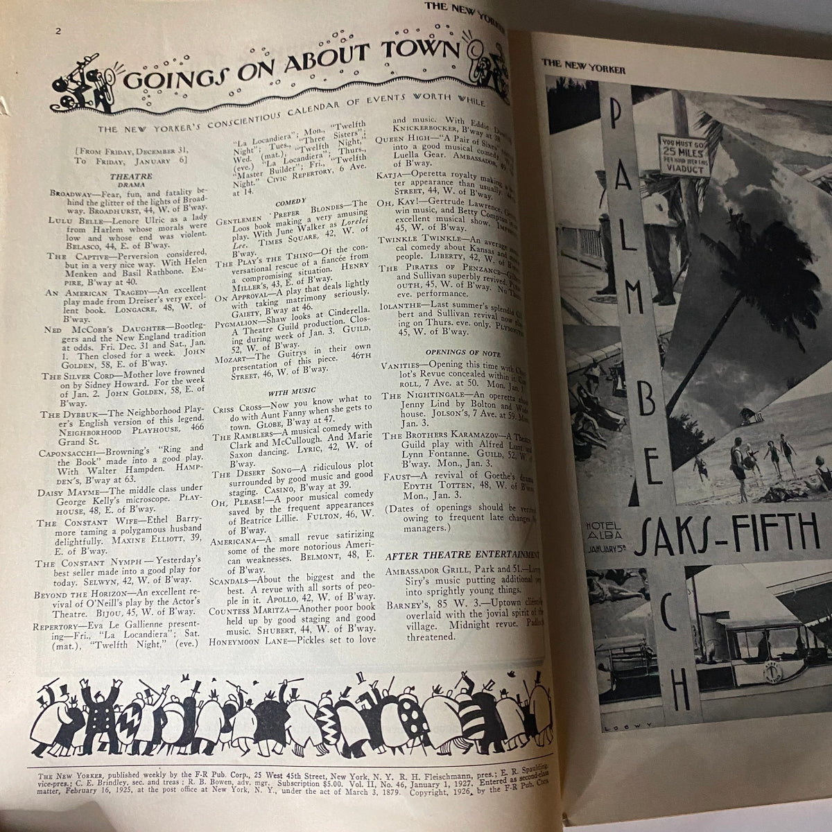 The New Yorker Complete Magazine January 1, 1927 interior page featuring the calendar of events titled 'Goings On About Town'.