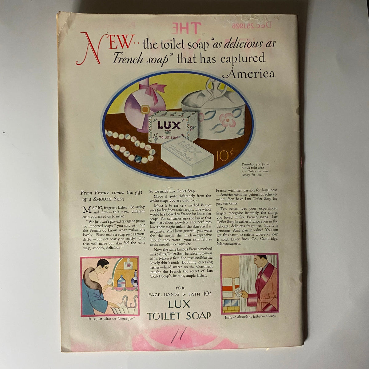 The New Yorker Complete Magazine January 1, 1927 interior page featuring a vintage advertisement for Lux Toilet Soap with illustrations related to skincare.