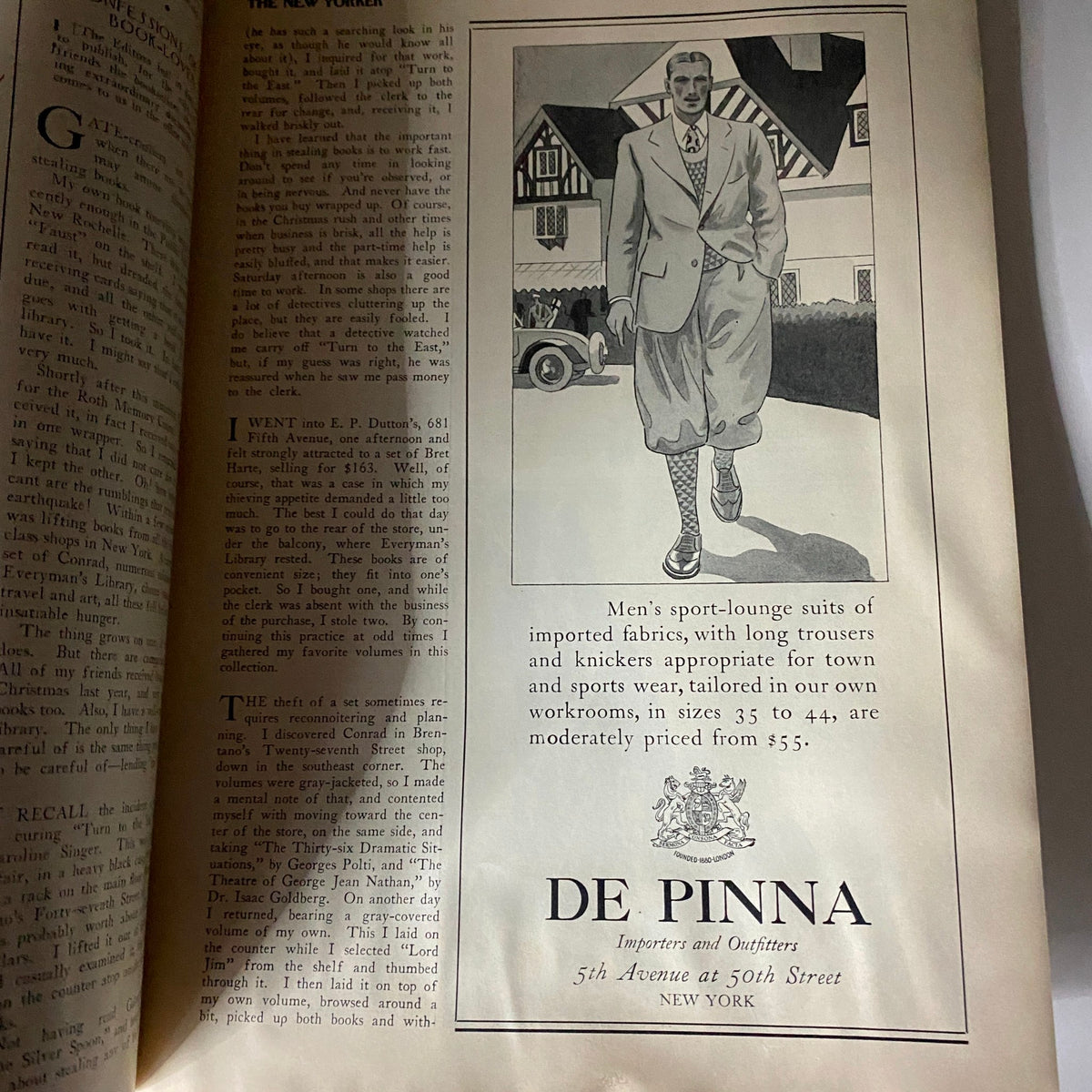 Advertisement for De Pinna menswear featuring a fashionable man in a suit from The New Yorker Complete Magazine – April 9, 1927. The ad promotes lounge suits and offers tailored options.