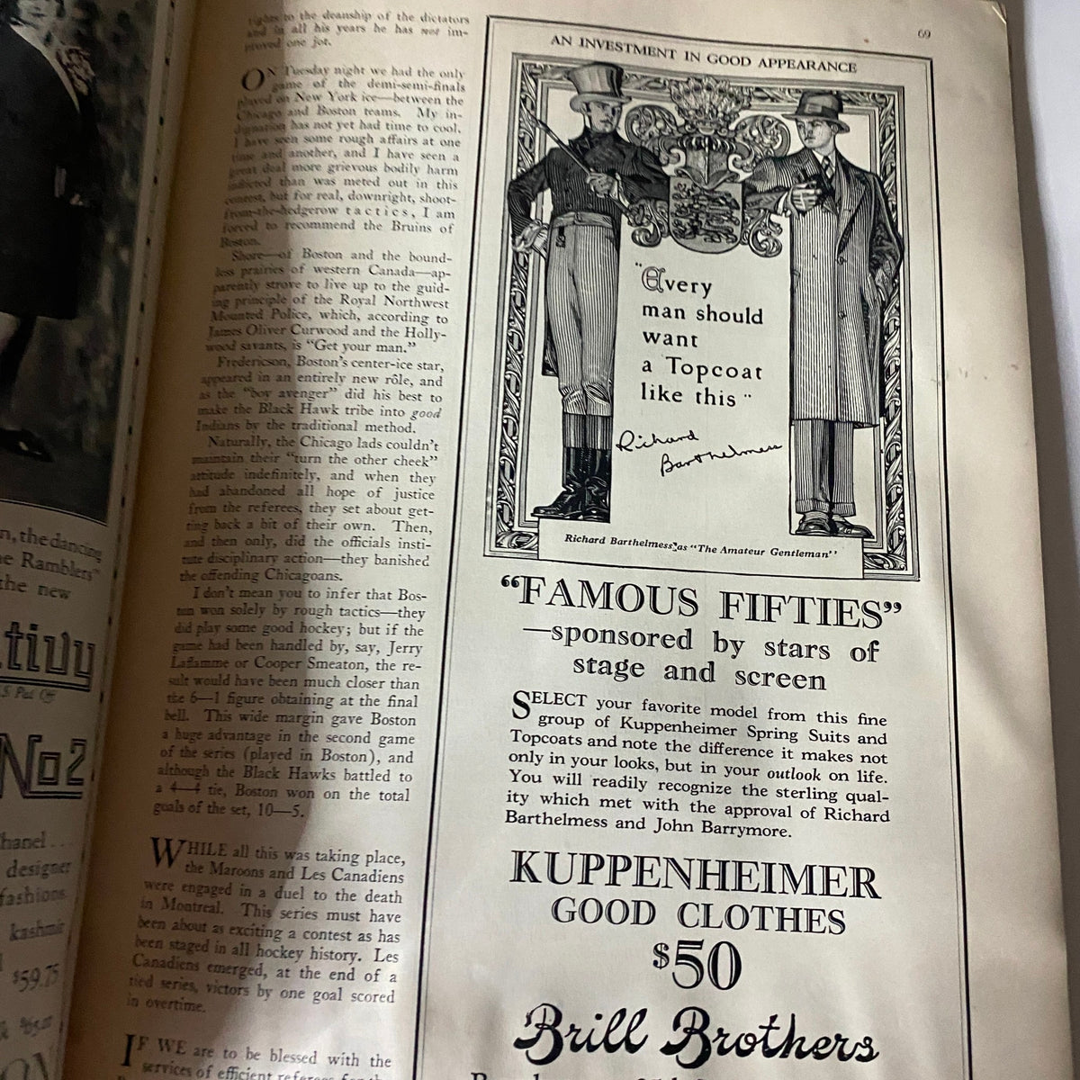 Kuppenheimer clothing advertisement showcasing topcoats for men, as featured in The New Yorker Complete Magazine – April 9, 1927. The ad highlights styles from stage and screen stars.