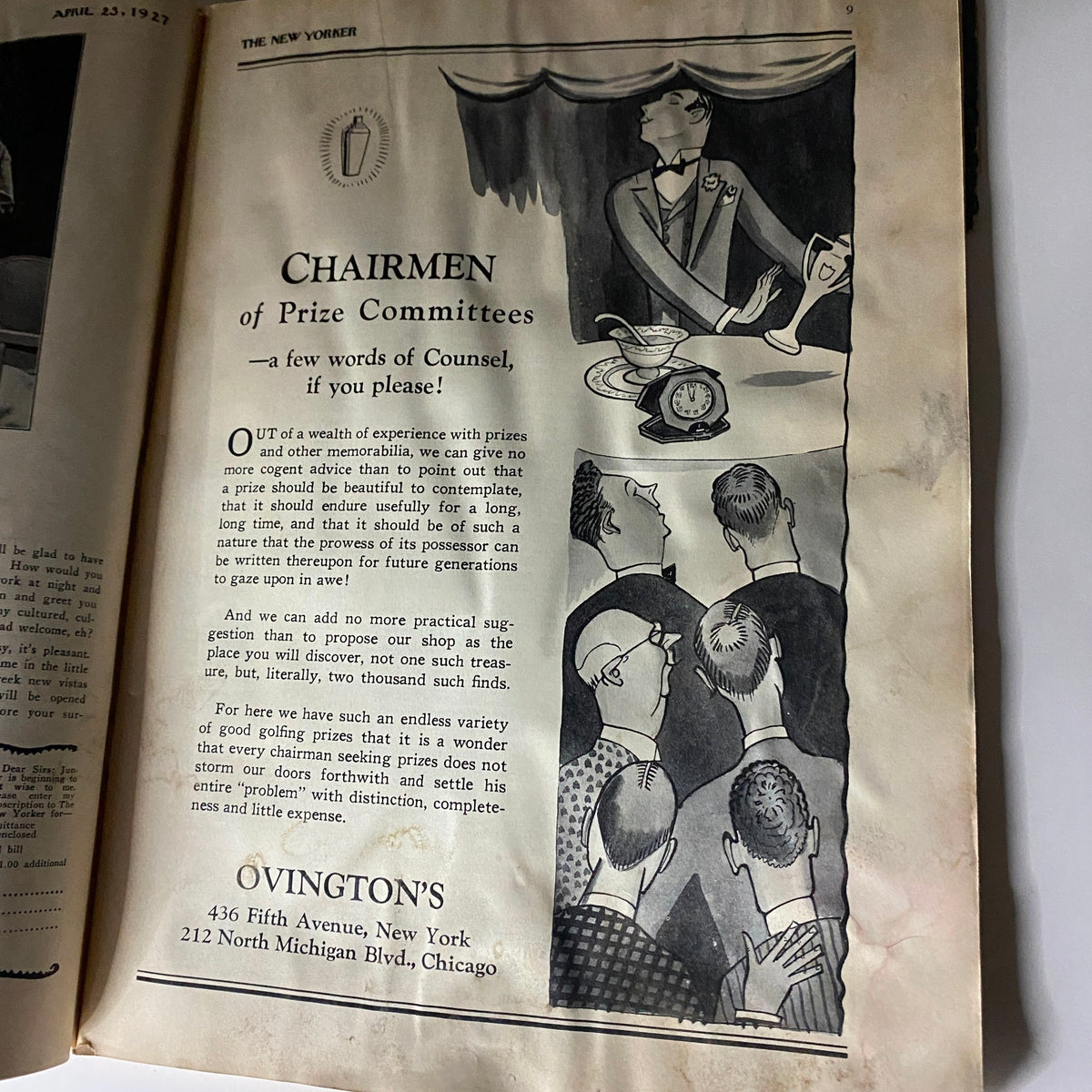 Illustrated announcement page from The New Yorker Complete Magazine April 23, 1927, regarding prize committee chairmen.