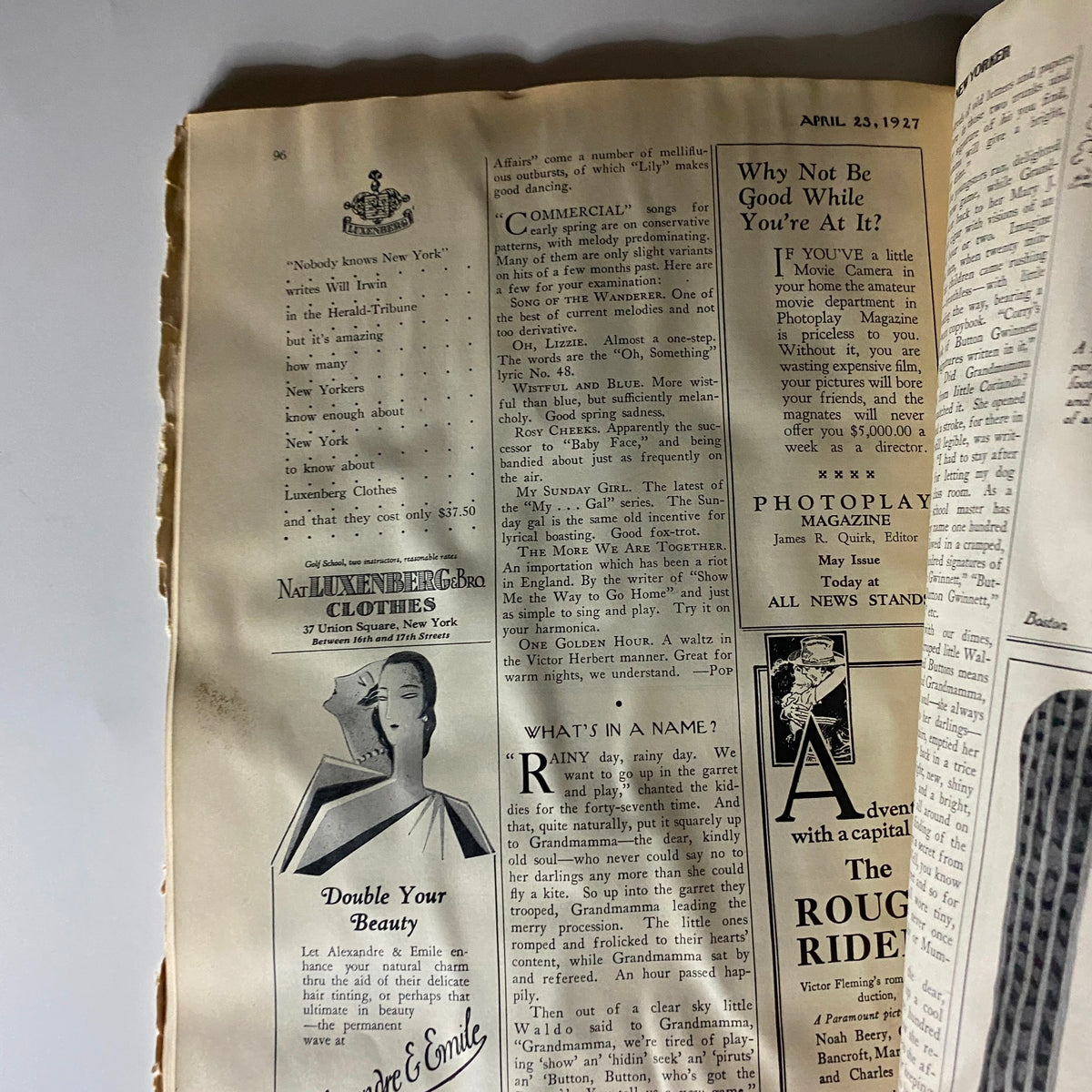 Text-heavy interior page from The New Yorker Complete Magazine April 23, 1927 showcasing advertisements and articles reflecting 1920s culture.