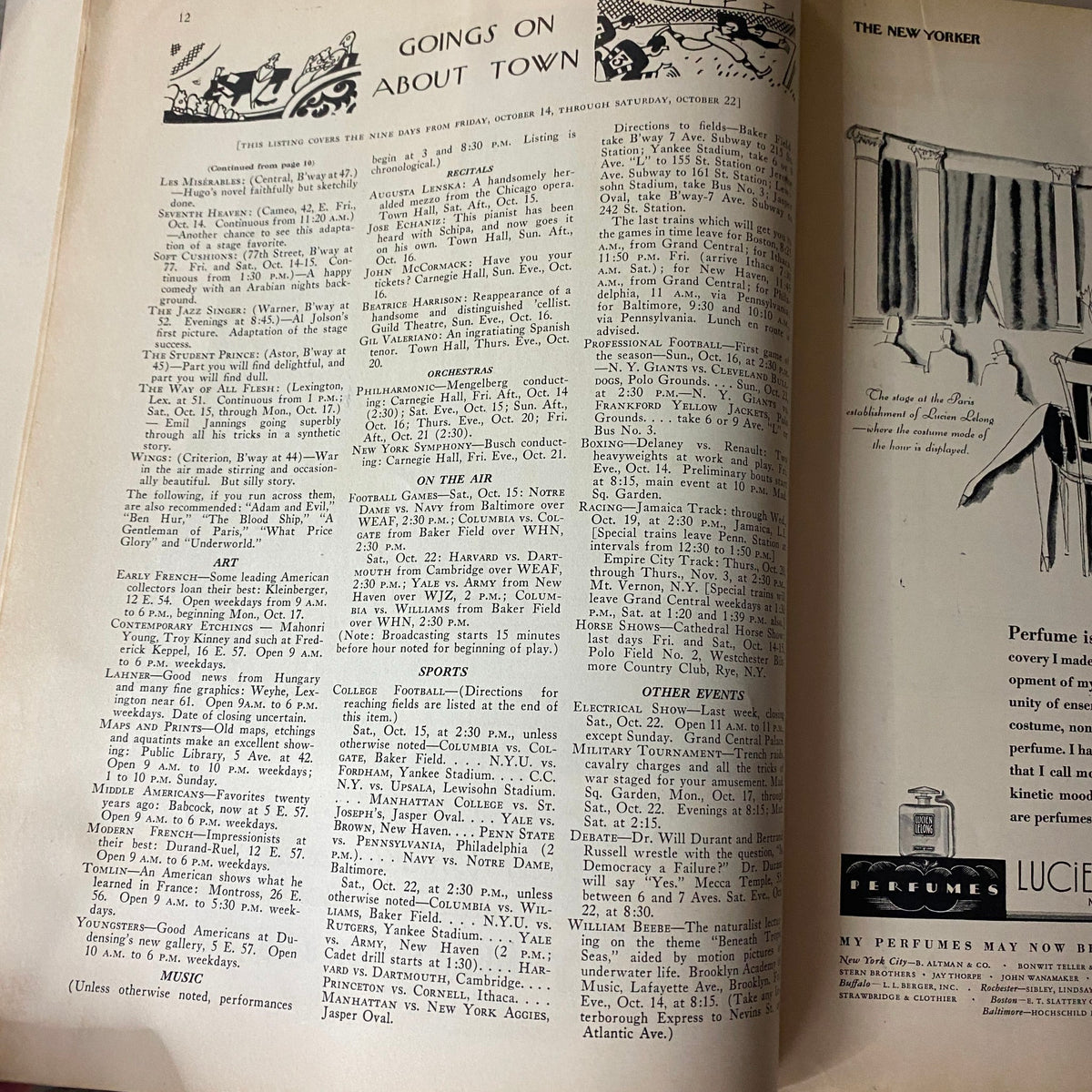 Interior page from The New Yorker Complete Magazine – October 15, 1927 showcasing the 'Goings On About Town' section with listings.