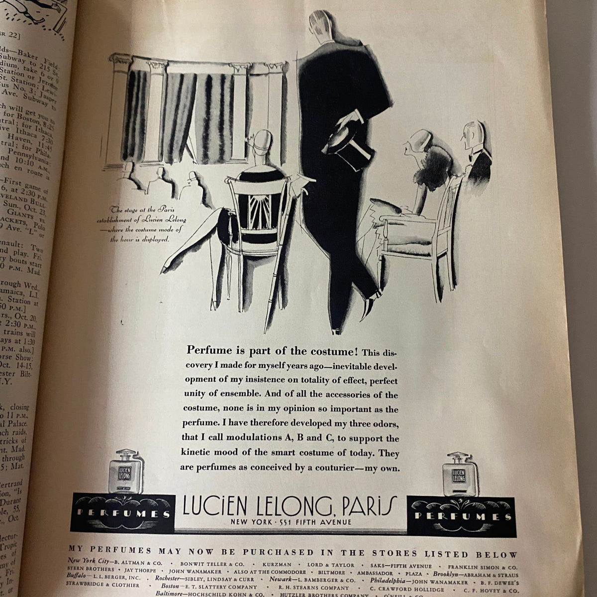 Advertisement page from The New Yorker Complete Magazine – October 15, 1927 for Lucien Lelong perfumes, highlighting the concept of perfume as part of costume.