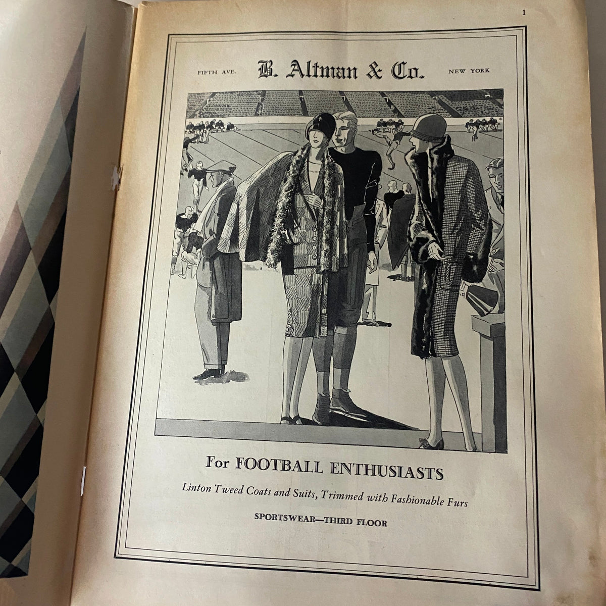 The New Yorker Magazine Cover October 15, 1927 showcasing a vintage advertisement for B. Altman & Co. featuring fashion for football enthusiasts.