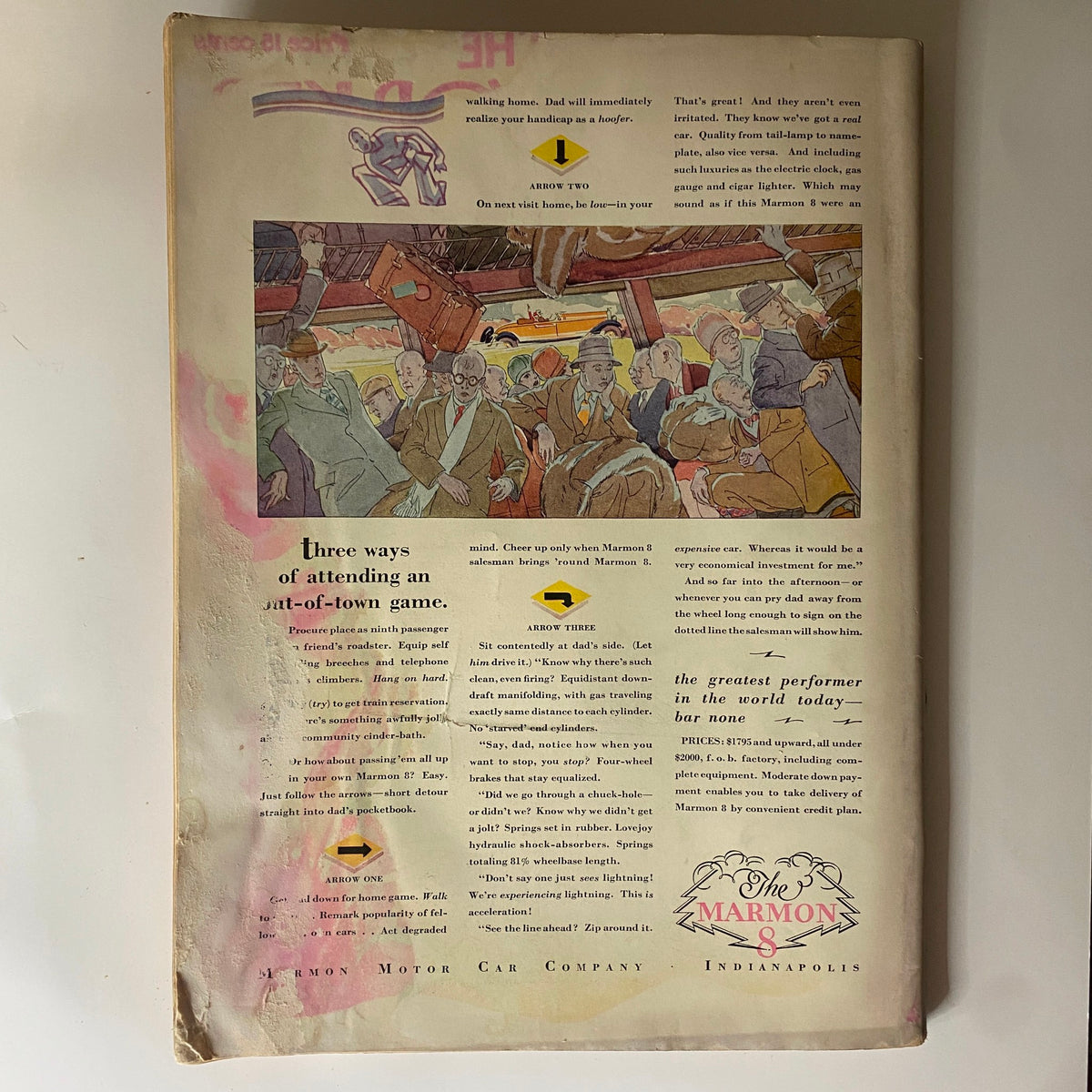 Back cover of The New Yorker Complete Magazine October 15, 1927 featuring an illustrated advertisement with a diverse group of individuals, promoting the Marmon Motor Car Company and showcasing vintage advertising style.