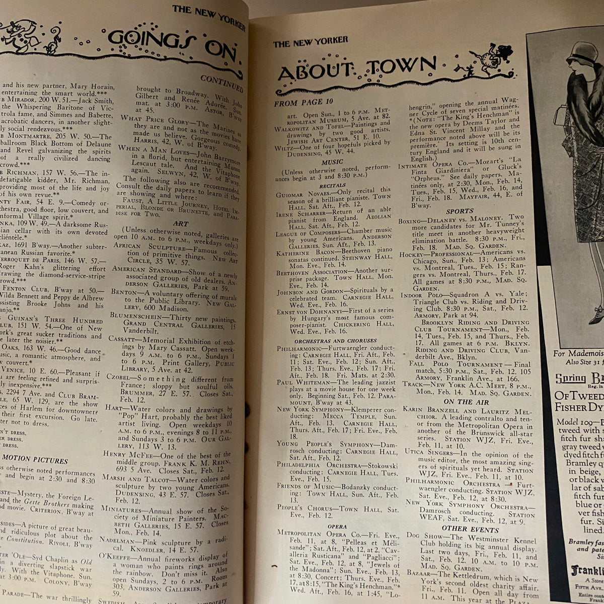 Contents page of The New Yorker February 12, 1927, listing articles and events for the week.