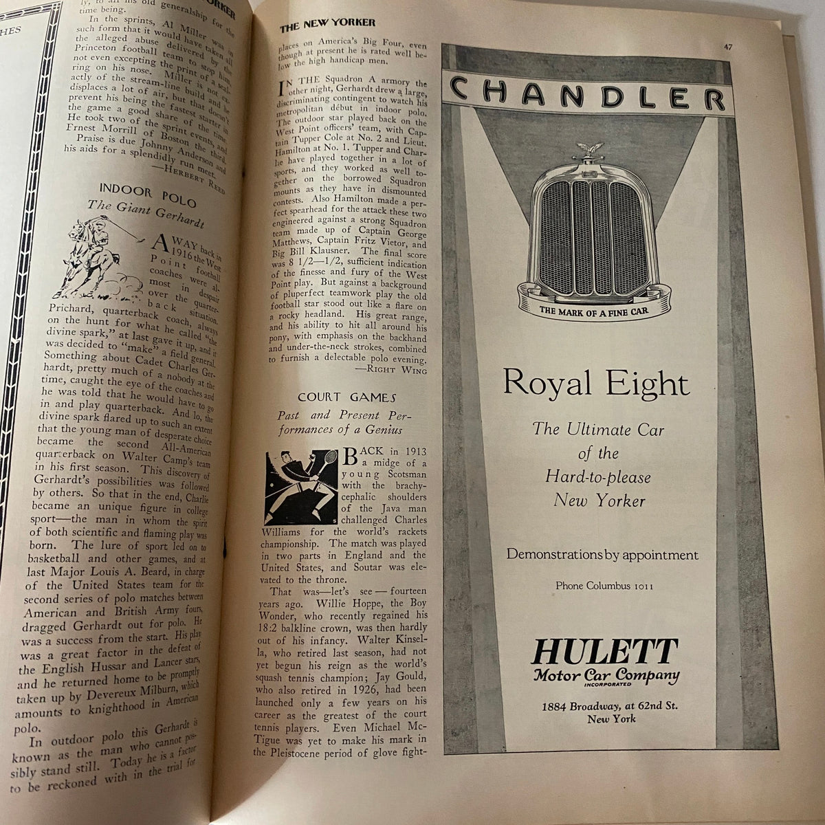 Interior page of The New Yorker magazine February 12, 1927 featuring an advertisement for a luxury car, the Royal Eight, showcasing vintage design elements and text advertising Hulett Motor Car Company.