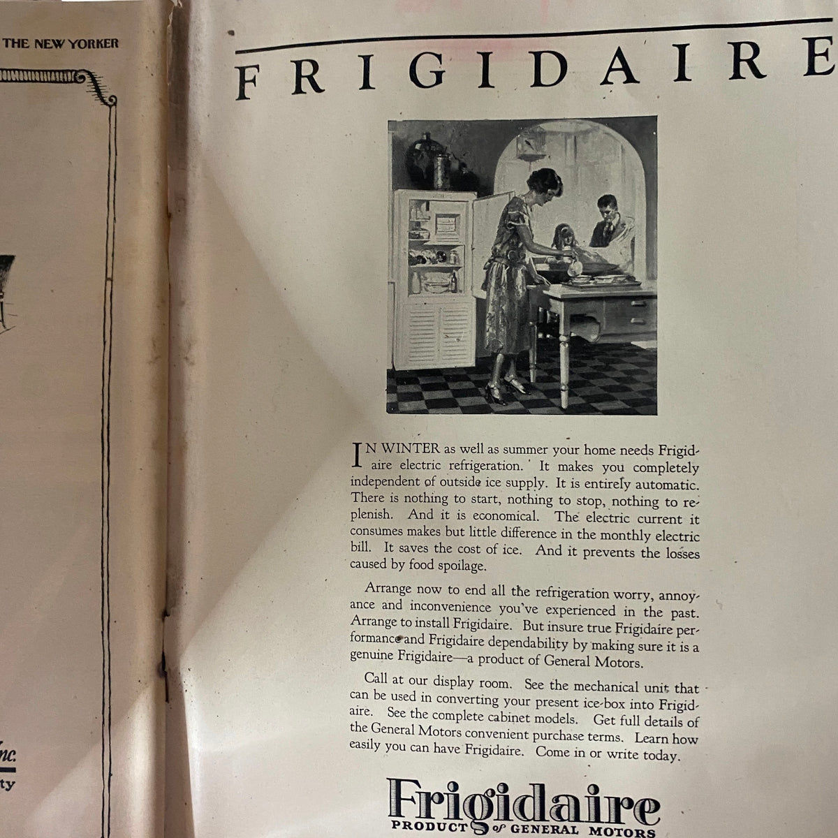 Interior page of The New Yorker magazine February 12, 1927 displaying a Frigidaire advertisement, highlighting benefits of electric refrigeration for home needs with a vintage illustration of a woman interacting with the appliance.