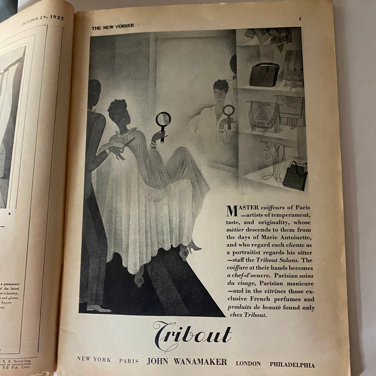 Illustration from The New Yorker Magazine, October 29, 1927, showcasing the Tribout Salon with elegant fashion details and a focus on Parisian hairstyles.