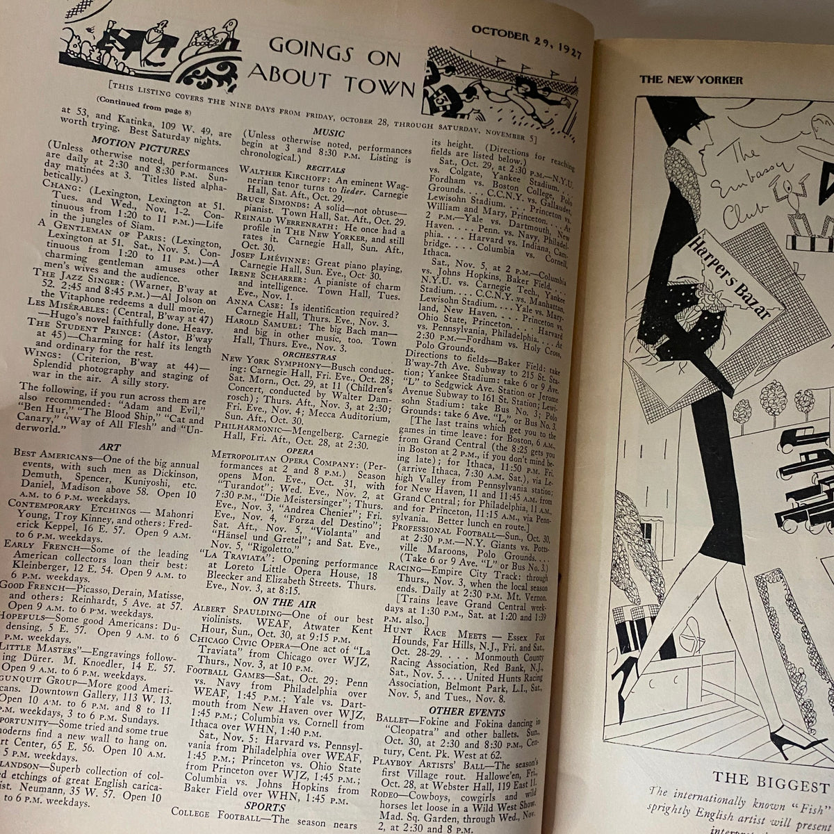 Page from The New Yorker Magazine, October 29, 1927, featuring the 'Goings On About Town' section, highlighting events and activities in New York City.