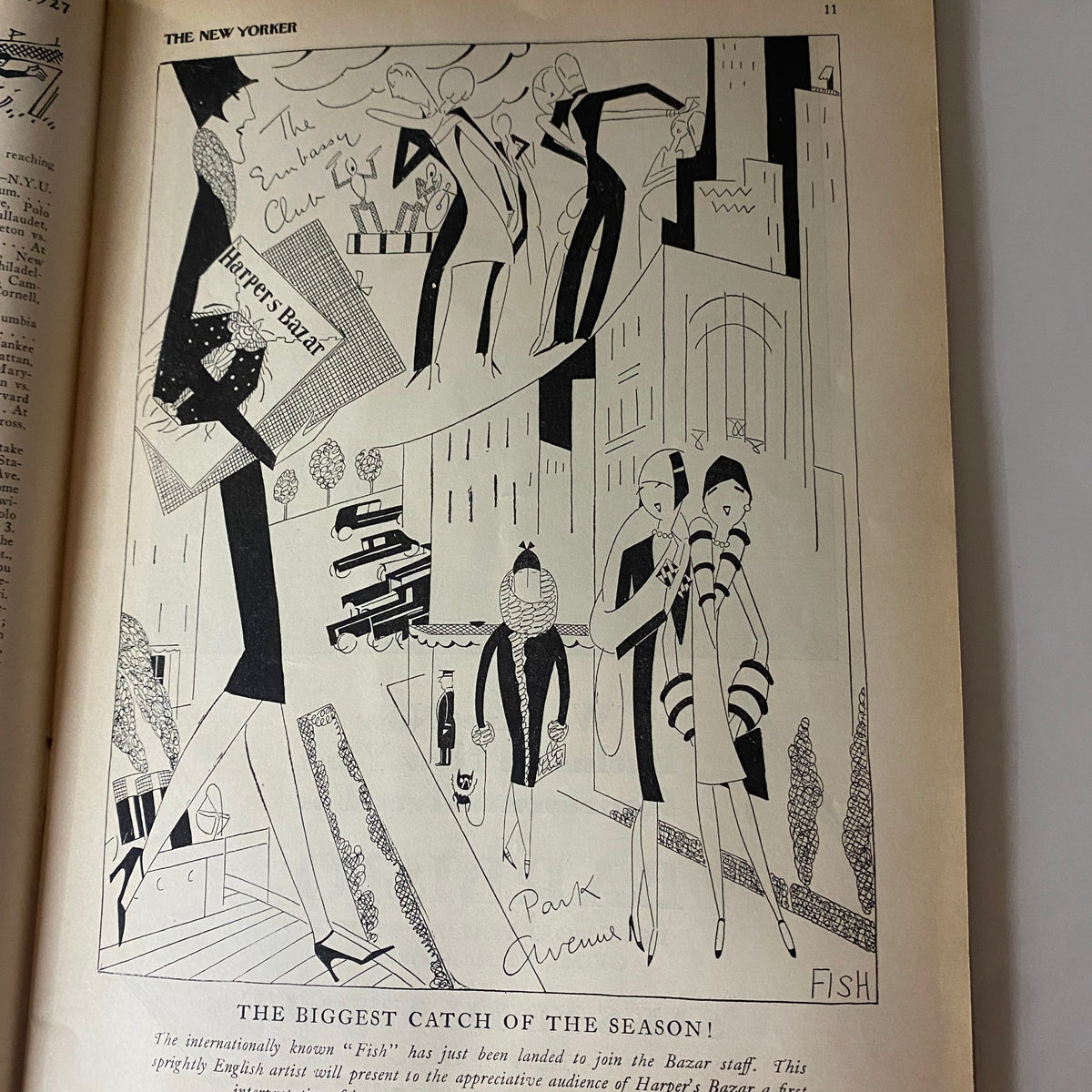 Stylized illustration in The New Yorker Magazine, October 29, 1927, presenting fashion figures in a bustling New York City scene, emphasizing contemporary style.