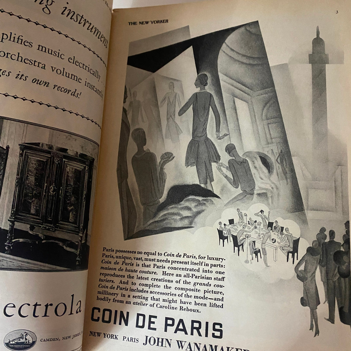 Inside page of The New Yorker Complete Magazine – October 22, 1927, featuring the article 'Coin de Paris' with modernist illustrations.