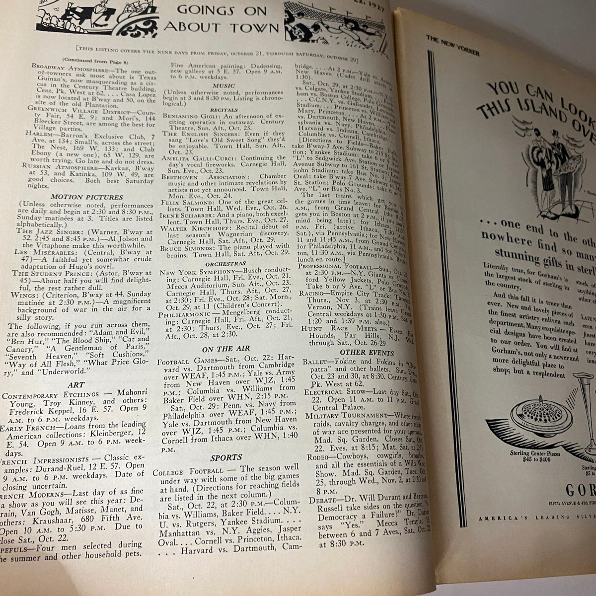 Inside page of The New Yorker Complete Magazine – October 22, 1927, detailing various events and activities in 'Goings On About Town'.