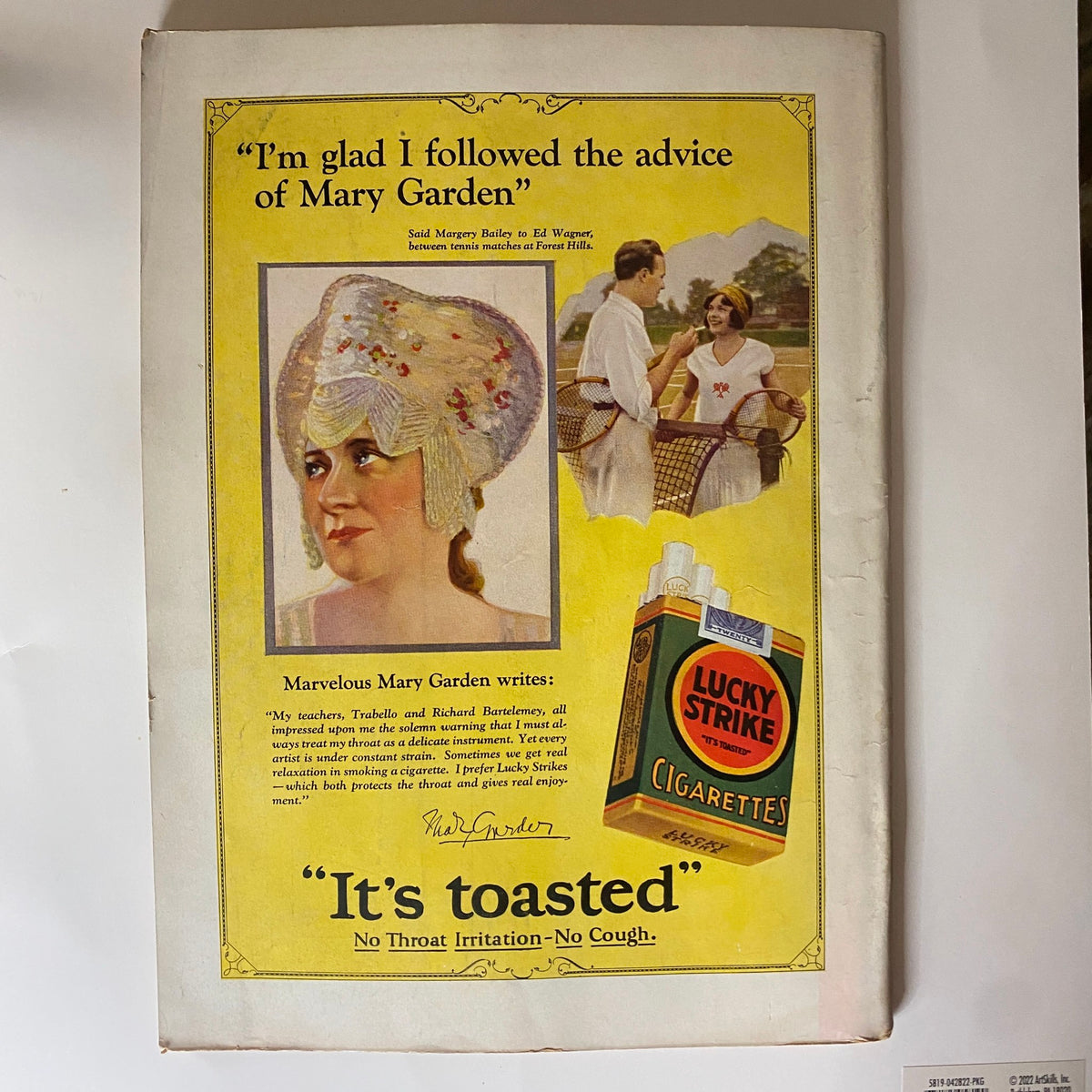 Vintage advertisement from The New Yorker Complete Magazine – October 22, 1927 featuring a woman in a decorative hat and men playing tennis, promoting Lucky Strike Cigarettes with the tagline 'It's toasted'.