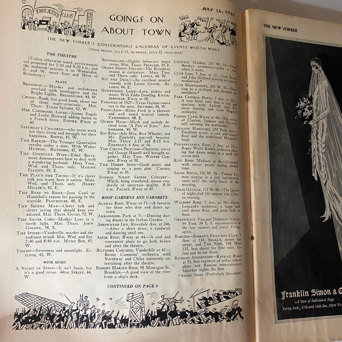 Interior page of The New Yorker Complete Magazine July 16, 1927, featuring the 'Goings On About Town' section, reflecting the cultural events of the 1920s.