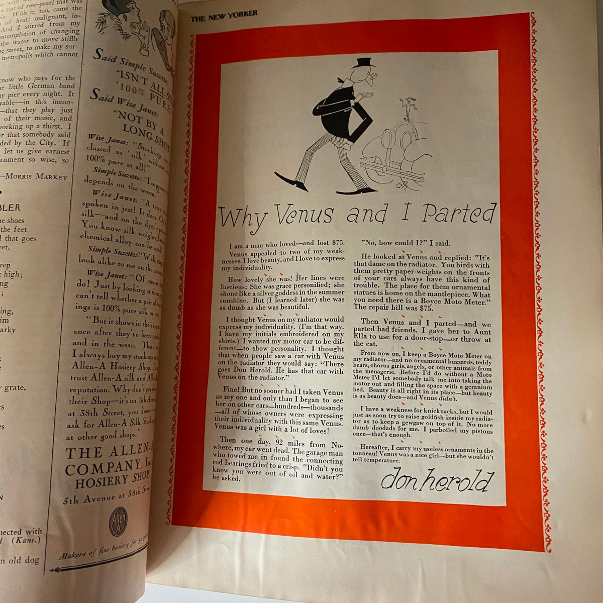 Vintage advertisement page featuring content titled 'Why Venus and I Parted' from The New Yorker Complete Magazine July 16, 1927 by Helen E. Hokinson.