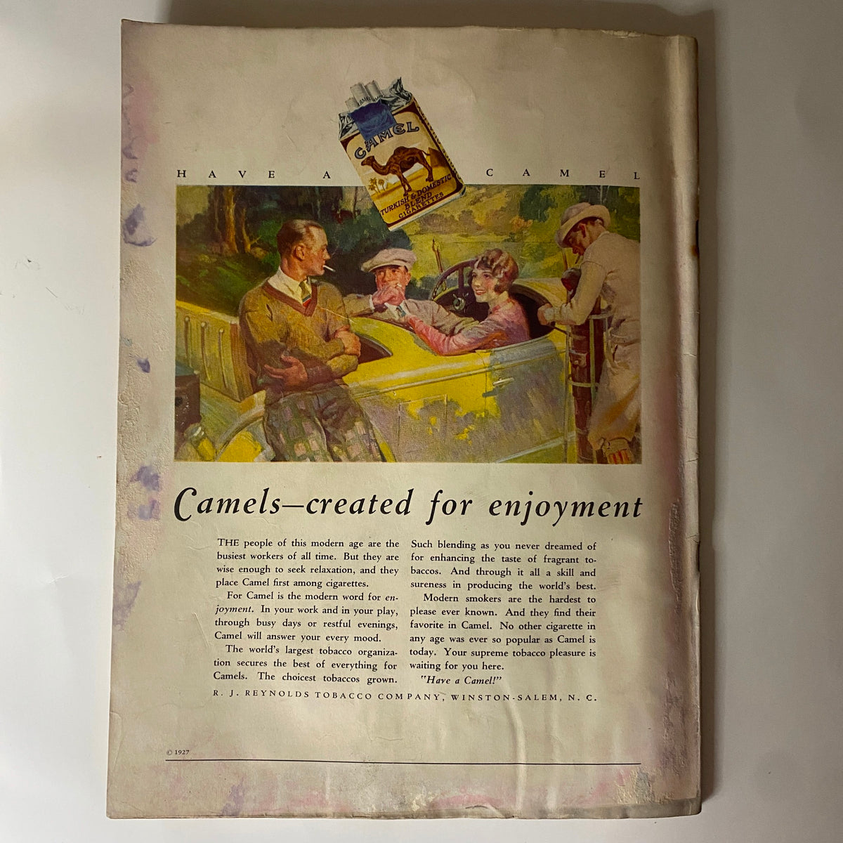 Historical advertisement for Camel cigarettes titled 'Camels—created for enjoyment' from The New Yorker Complete Magazine July 16, 1927.