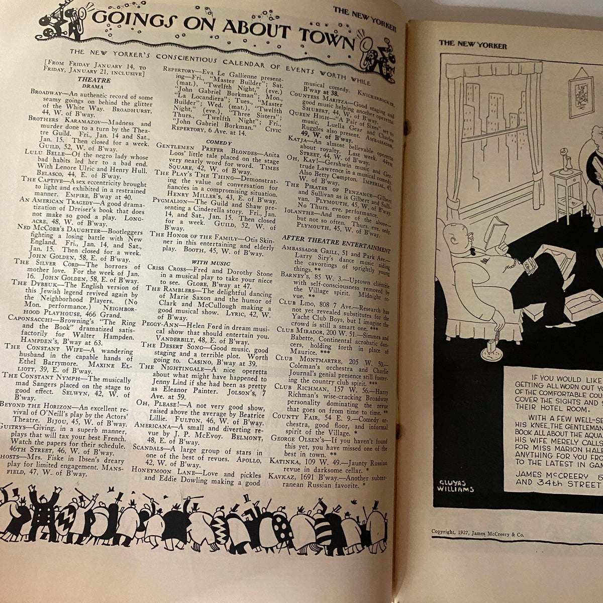 Inside pages of The New Yorker Complete Magazine January 15, 1927 featuring 'Goings On About Town' section.