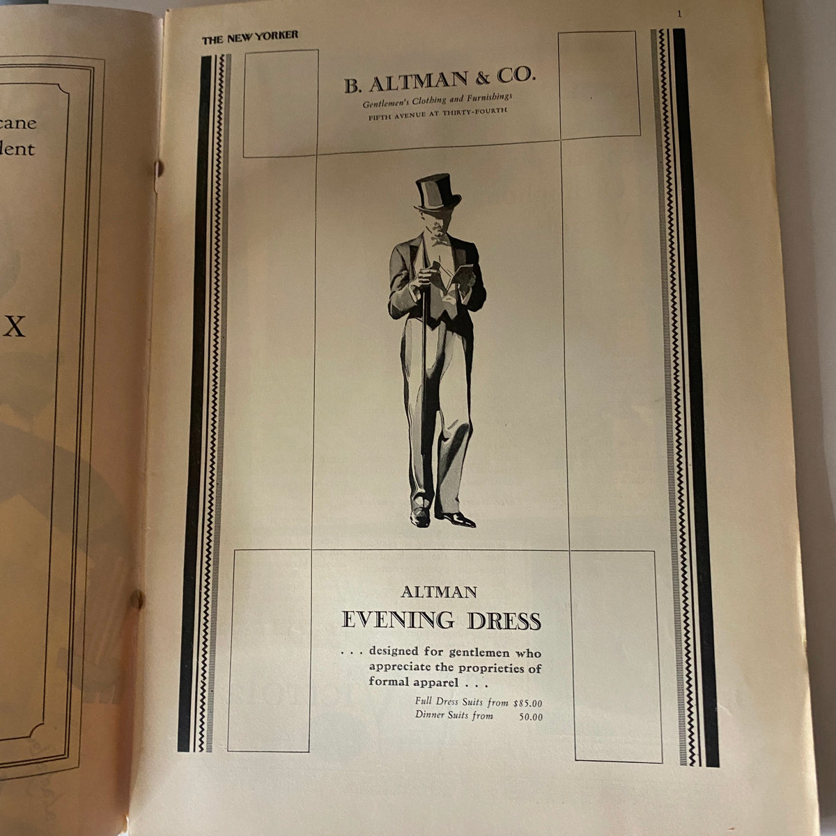 Advertisement for B. Altman & Co. in The New Yorker Complete Magazine January 15, 1927 showcasing gentlemen's evening dress.