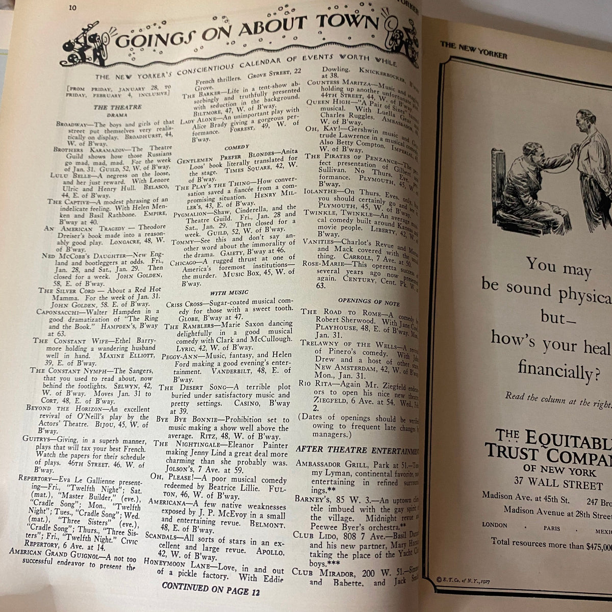 Interior page of The New Yorker magazine from January 29, 1927, featuring the 'Goings On About Town' section showcasing events and activities.