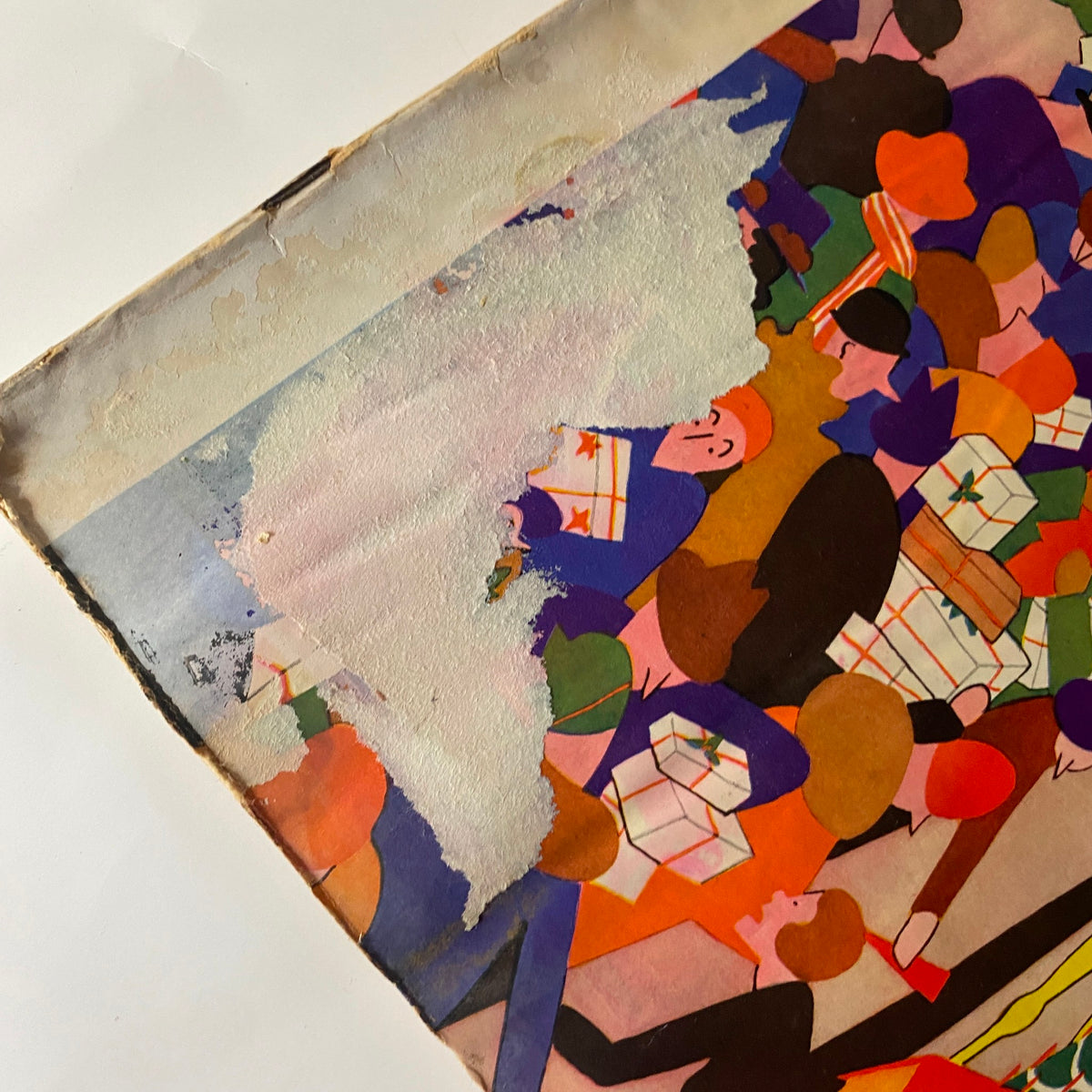 Close-up view of the cover art from The New Yorker Complete Magazine December 17, 1927 featuring colorful illustrations by Theodore Haupt, showcasing an avant-garde design.