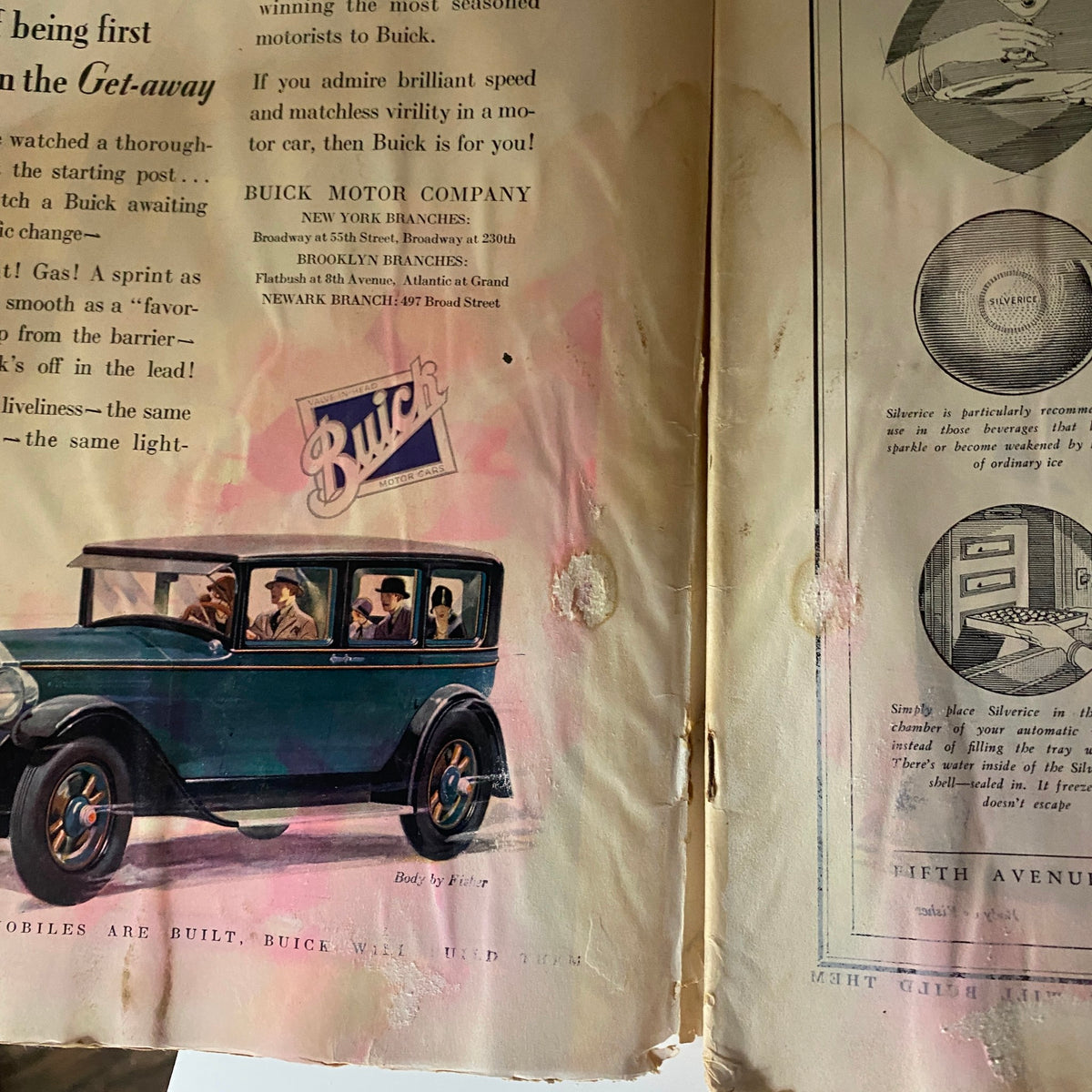Interior page of The New Yorker Complete Magazine December 17, 1927, displaying an advertisement for Buick with an illustration of a vintage car and people inside.