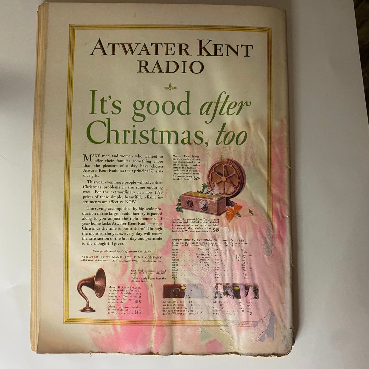 The New Yorker Complete Magazine December 17, 1927 displaying an advertisement for Atwater Kent radios, designed with vibrant colors and vintage aesthetics, highlighting holiday promotions.
