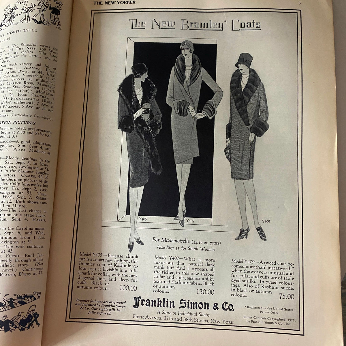 The New Yorker Complete Magazine September 3, 1927, displaying an advertisement for 'The New Bramley Coats' with three fashionable models wearing stylish coats and hats.