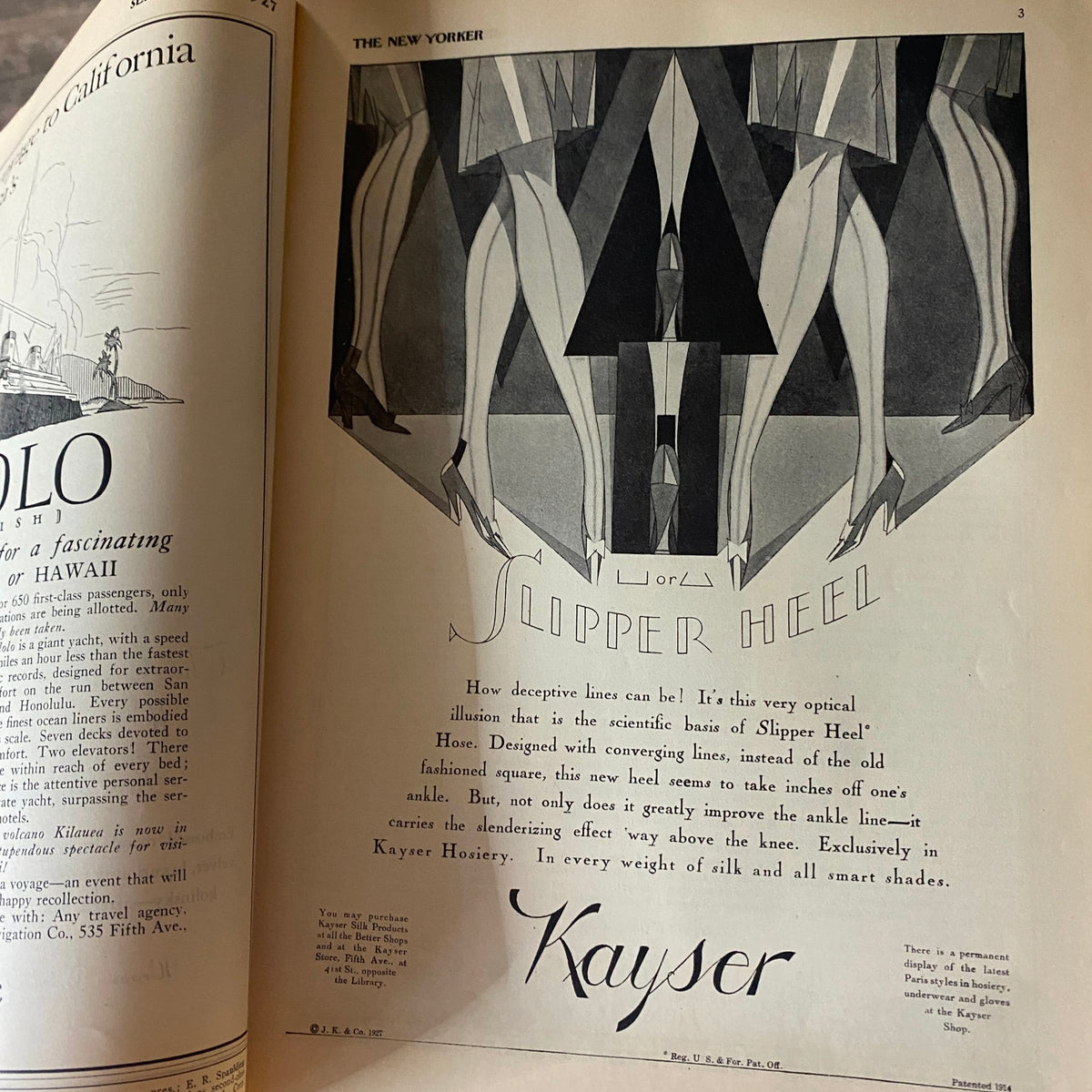 The New Yorker Complete Magazine September 3, 1927, featuring an ad for 'Slipper Heel' stockings by Kayser, illustrating stylish legs and showcasing the unique design.