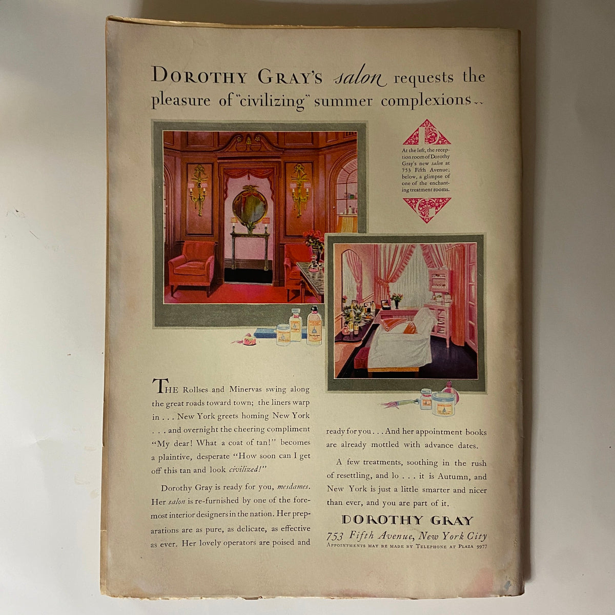 Back cover of The New Yorker Complete Magazine September 3, 1927 promoting Dorothy Gray's salon for summer complexions, illustrated with a chic interior and beauty products, highlighting vintage advertising aesthetics.