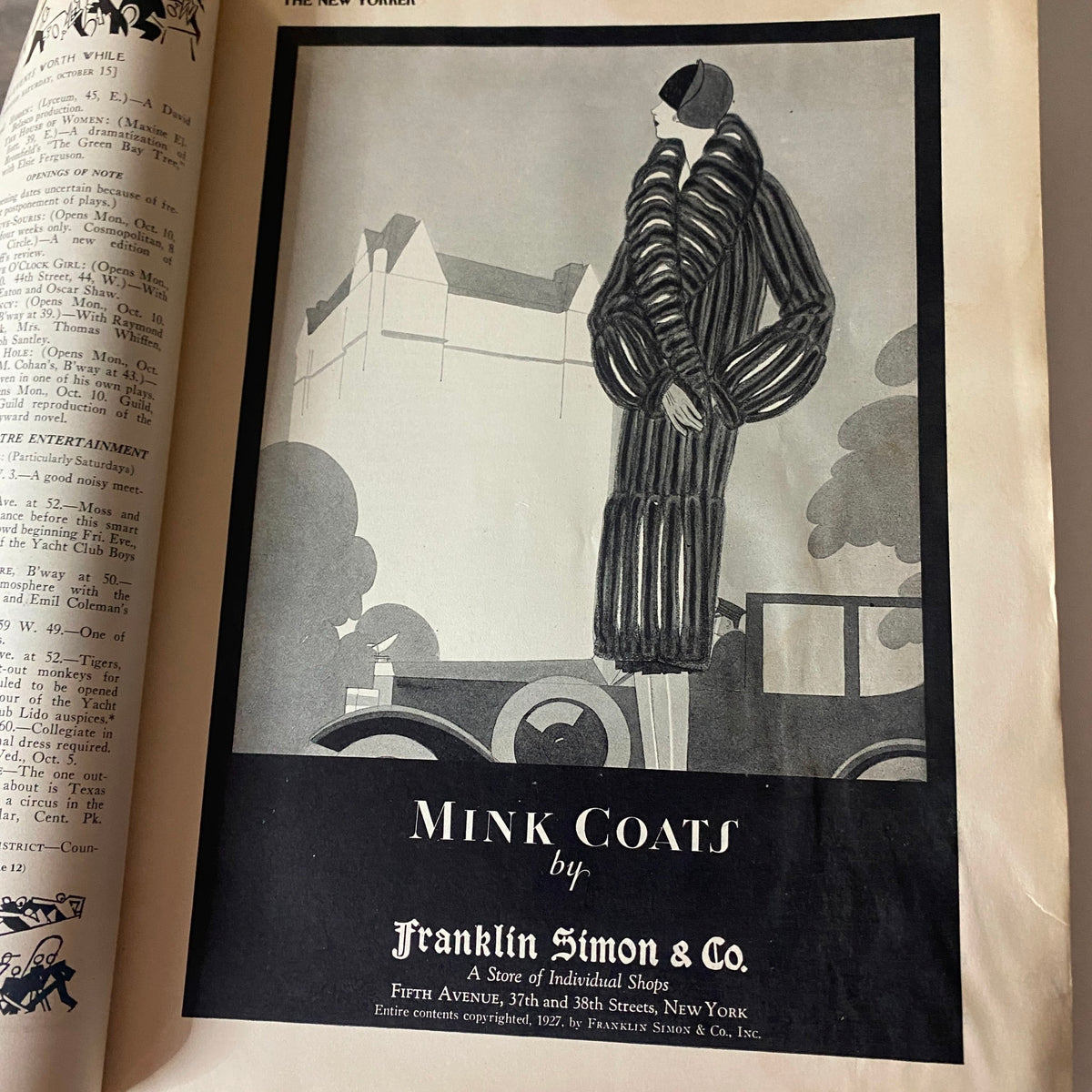 Advertisement for mink coats by Franklin Simon & Co. in The New Yorker Complete Magazine October 8, 1927, displaying 1920s fashion.