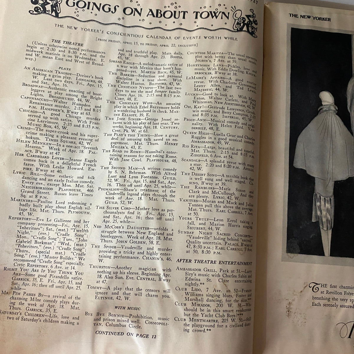 The New Yorker Complete Magazine April 16, 1927 Ilonka Karasz Cover showcasing the Goings On About Town events and entertainment listings from the 1920s.