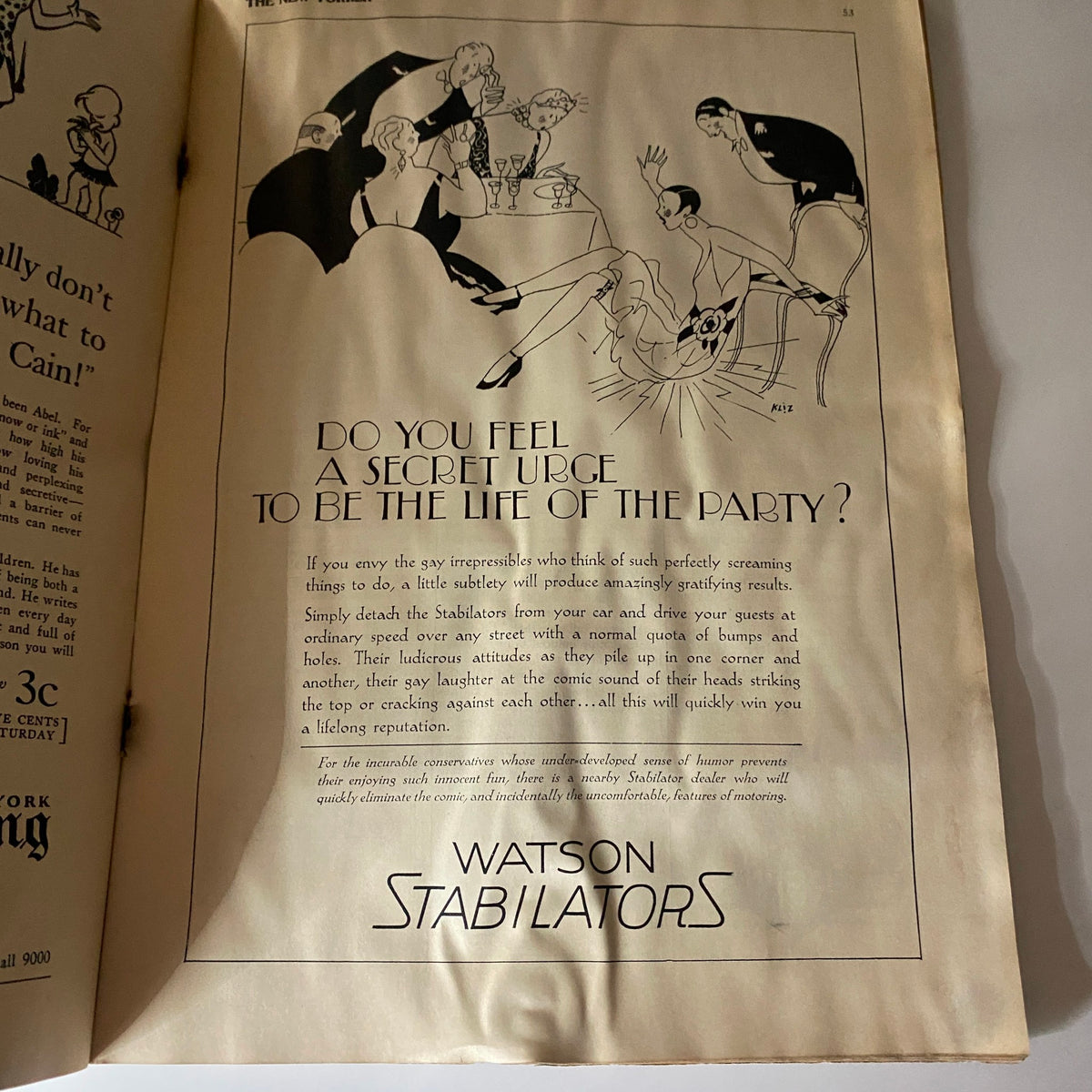 The New Yorker Complete Magazine April 16, 1927 Ilonka Karasz Cover featuring an advertisement for Watson Stabilators highlighting a lively party atmosphere.