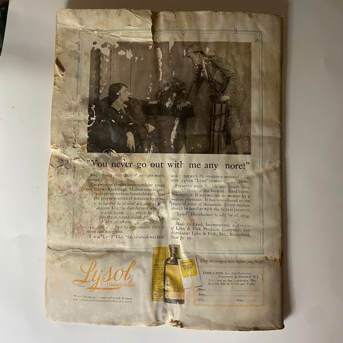 The New Yorker Complete Magazine April 16, 1927 Ilonka Karasz Cover with a vintage Lysol advertisement featuring a scene with two characters engaging in conversation.