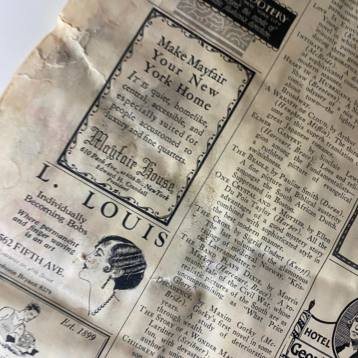 Editorial advertisement from The New Yorker Complete Magazine – April 16, 1927 Ilonka Karasz Cover, featuring a vintage ad for Mayfair House in New York.
