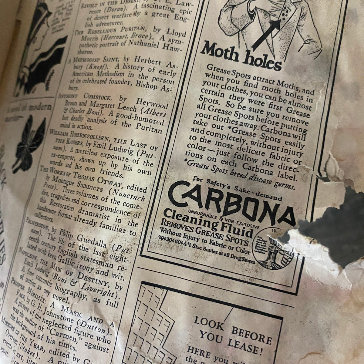 Page from The New Yorker Complete Magazine – April 16, 1927 Ilonka Karasz Cover, displaying ads including Carbona Cleaning Fluid, illustrating the era's marketing style.
