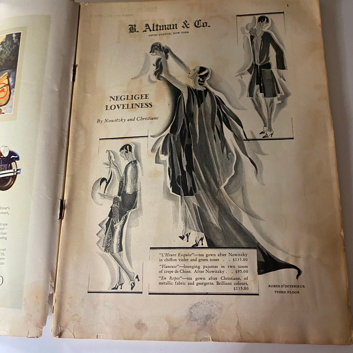 Inside page from The New Yorker Complete Magazine March 26, 1927 displaying a fashion advertisement titled 'Negligee Loveliness' by Nousticky and Christiane, highlighting 1920s clothing styles.