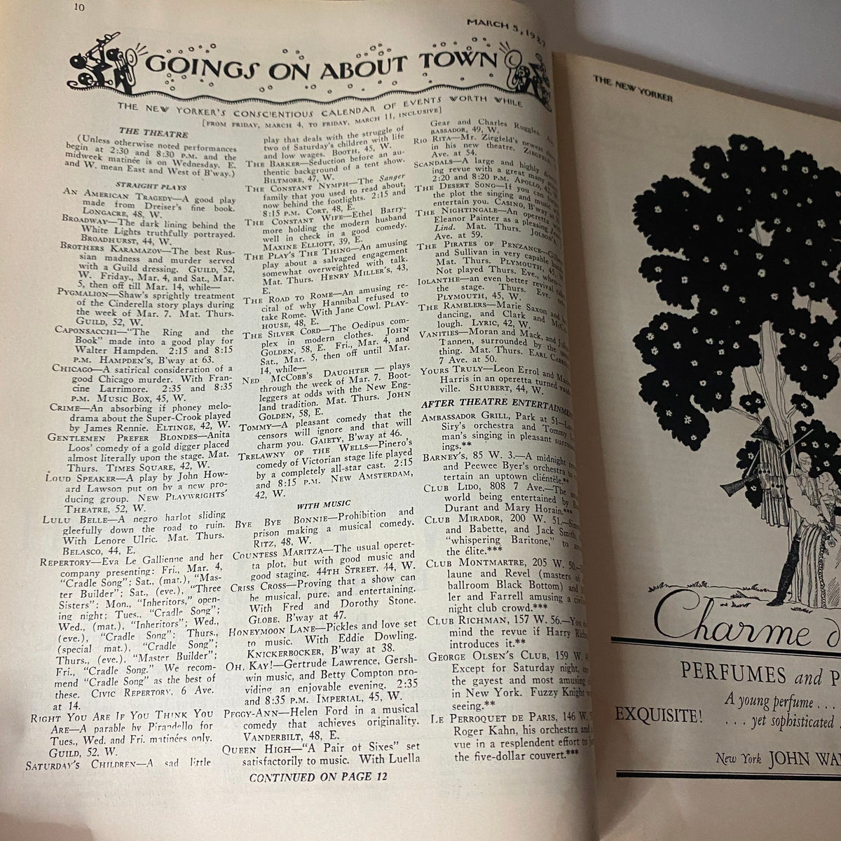 Page from The New Yorker Complete Magazine March 5, 1927 featuring the 'Goings On About Town' section, highlighting events and activities in New York.
