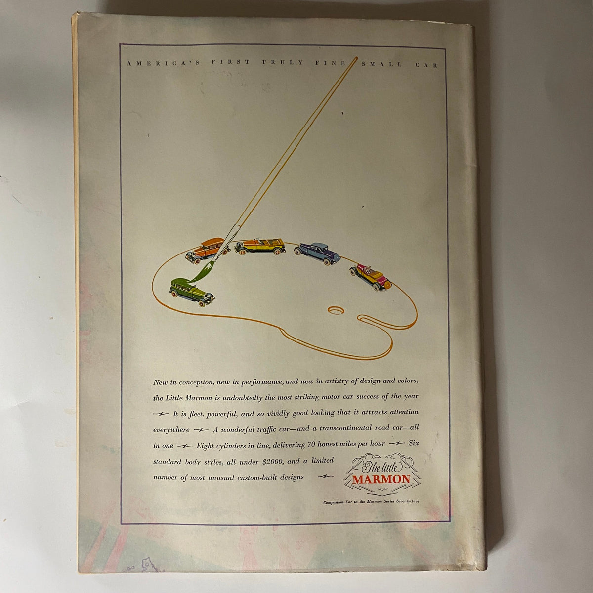 Back cover of The New Yorker Complete Magazine March 5, 1927 featuring an advertisement for the Marmon car with colorful illustrations.