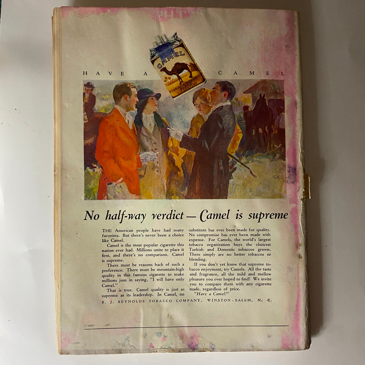 Back cover of The New Yorker magazine featuring a Camel cigarettes advertisement, June 18, 1927 edition by Peter Arno.